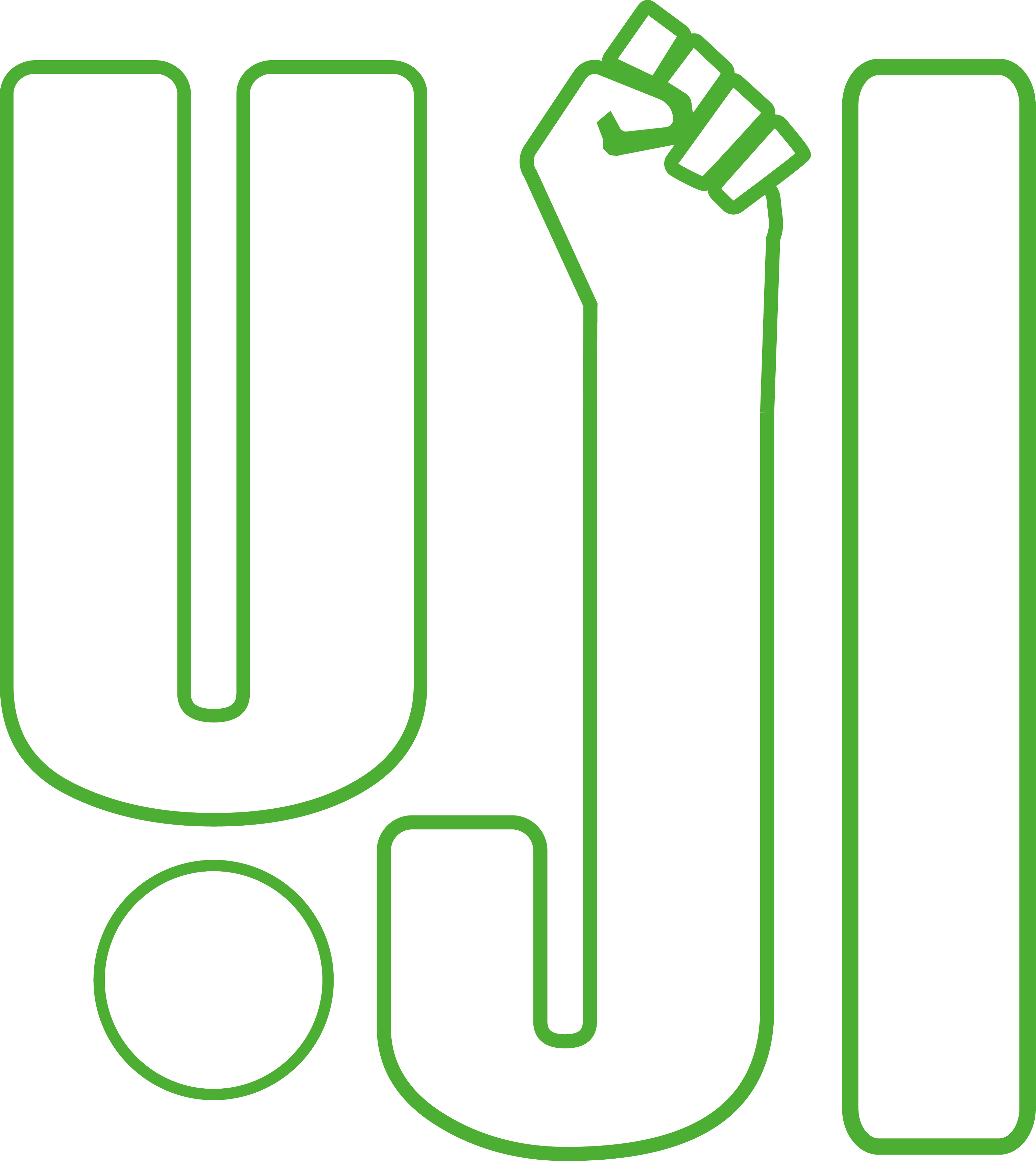 Green outline of the letters U J I with the top of the I in the shape of a fist